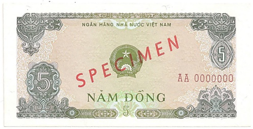 Vietnam banknote 5 Dong 1976 specimen, face
