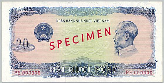 Vietnam banknote 20 Dong 1976 specimen, face