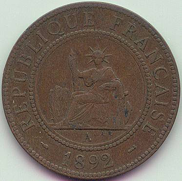 French Indochina 1 Cent 1892 coin, obverse
