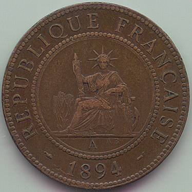 French Indochina 1 Cent 1894 coin, obverse