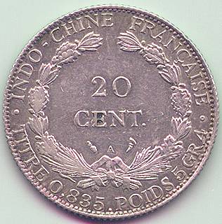French Indochina 20 cent 1914 silver coin, reverse