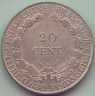 French Indochina 20 cent 1921 silver coin, reverse
