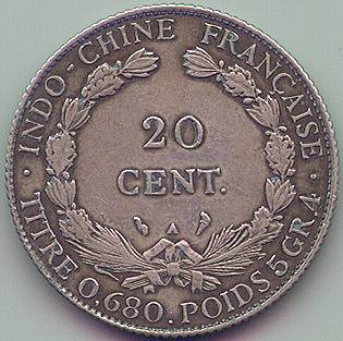 French Indochina 20 cent 1928 silver coin, reverse