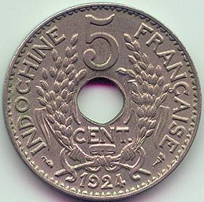 French Indochina 5 cent 1924 coin, reverse