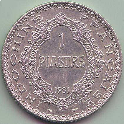 French Indochina 1 piastre 1931 silver coin, reverse