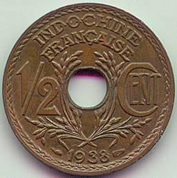 French Indochina 1/2 cent 1938 coin, reverse