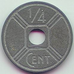 French Indochina 1/4 cent 1942 zinc coin, obverse