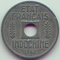French Indochina 1/4 cent 1943 zinc coin, reverse