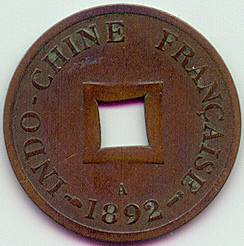 French Indochina 1/500 Piastre Sapeque 1892 coin, obverse