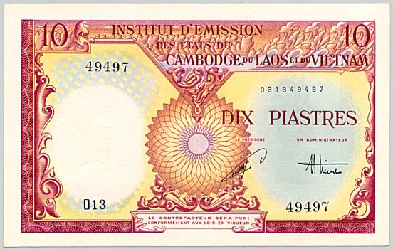 French Indochina banknote 10 Piastres 1953 Vietnam, face