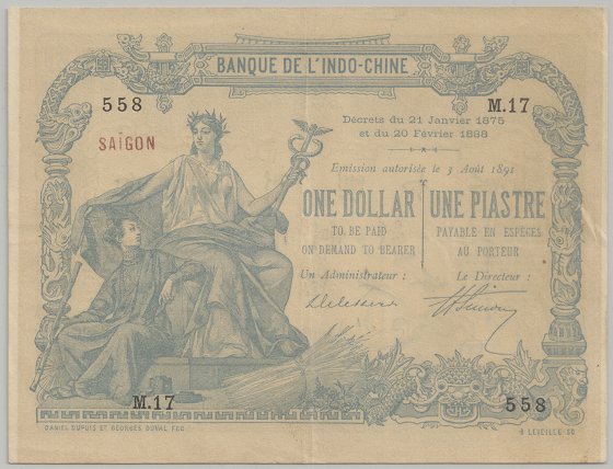 French Indochina banknote 1 Dollar/Piastre 1892-1899 Saigon, face