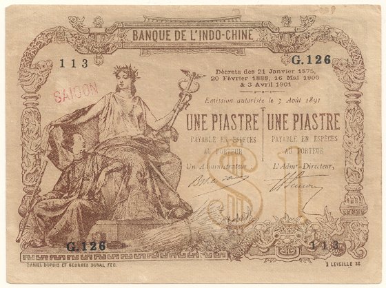 French Indochina banknote 1 Piastre 1909-1921 Saigon, modern fake, face