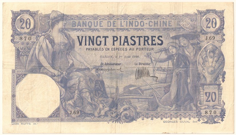 French Indochina banknote 20 Piastres 1-8-1920 Saigon, face