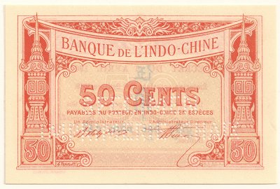 French Indochina fractional banknote 50 Cents 1920 specimen, face