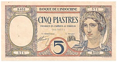 Banque de l'Indochine cinq piastres banknote 1926