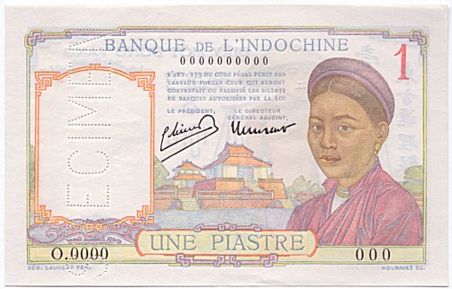 French Indochina banknote 1 Piastre 1946 specimen, face