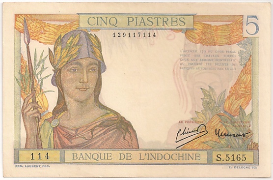 French Indochina banknote 5 Piastres 1949, face