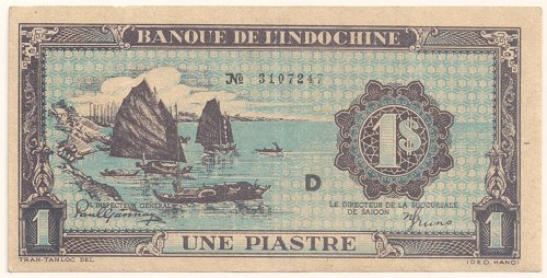 French Indochina banknote 1 Piastre 1942-1945 blue, face