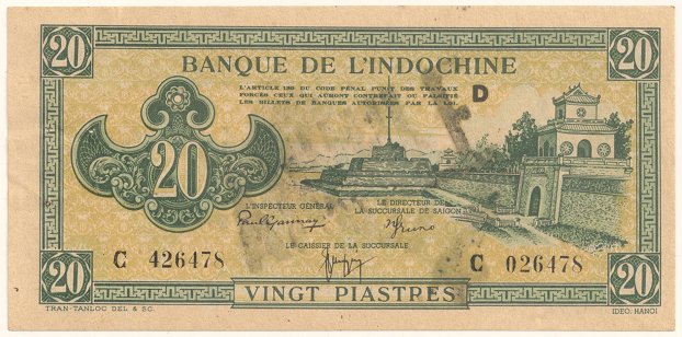 French Indochina banknote 20 Piastres 1942-1945 ANNULE, face