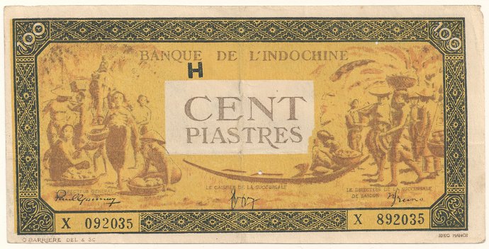 French Indochina banknote 100 Piastres 1942-1945 counterfeit, face