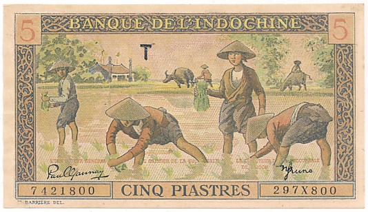 French Indochina banknote 5 Piastres 1951, face