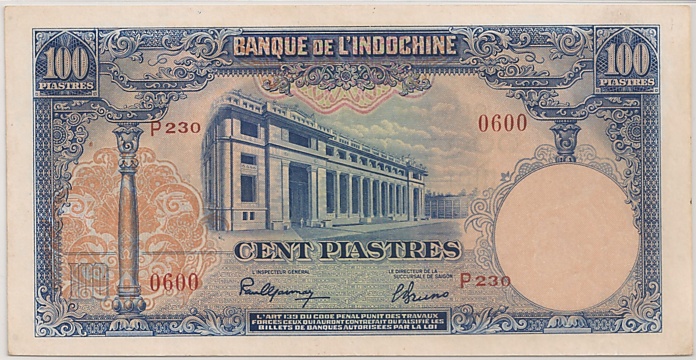 French Indochina banknote 100 Piastres 1946, face