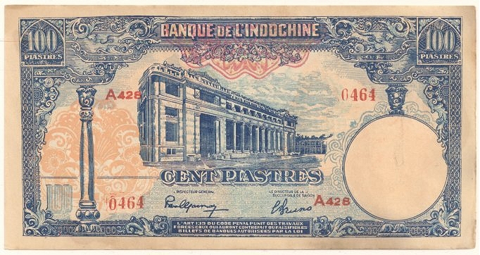French Indochina banknote 100 Piastres 1946 counterfeit, face
