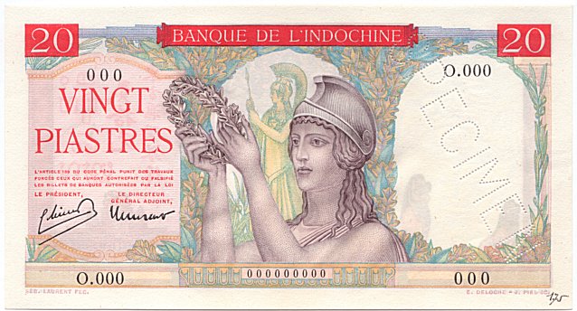 French Indochina banknote 20 Piastres 1949 specimen, face