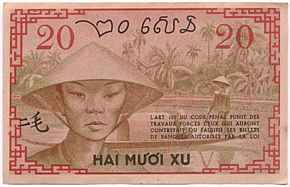 French Indochina banknote 20 Cents 1939, back