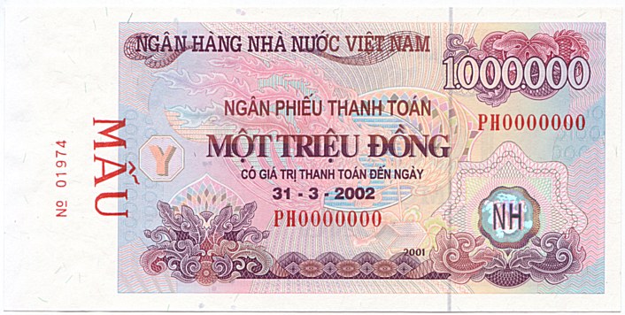 Vietnam banknote Ngan Phieu 1000000 Dong 2001 (31-03-2002) specimen, face