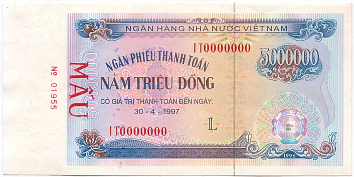 Vietnam banknote Ngan Phieu 5000000 Dong 1996 (30-04-1997) specimen, face