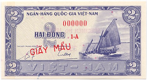 South Vietnam banknote 2 Dong 1955 specimen, face, side 1