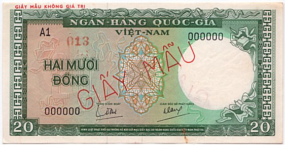South Vietnam banknote 20 Dong 1964 specimen, face