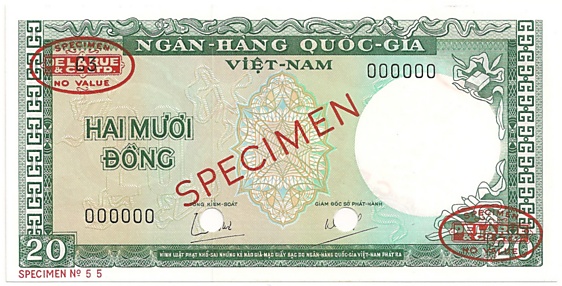 South Vietnam banknote 20 Dong 1964 TDLR specimen, face