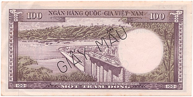 South Vietnam banknote 100 Dong 1960 specimen, back