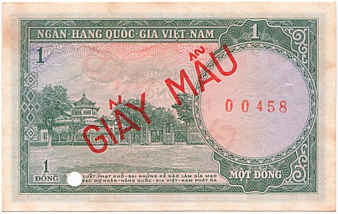 South Vietnam banknote 1 Dong 1956 specimen, back