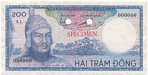 South Vietnam banknote 200 Dong 1966 color proof, blue, face