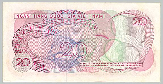 South Vietnam banknote 20 Dong 1969, back