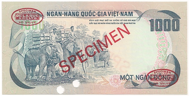 South Vietnam banknote 1000 Dong 1972 TDLR specimen, back
