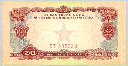 National Liberation Front of South Vietnam (Viet Cong) banknote 20 Xu 1968, face