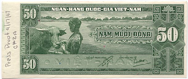South Vietnam banknote 50 Dong 1956 color proof, green