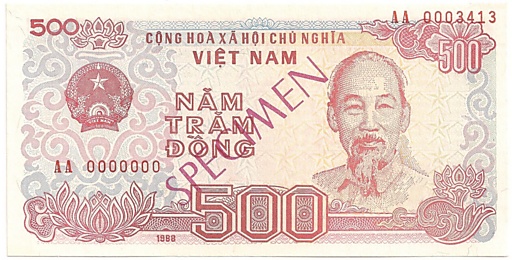 Vietnam banknote 500 Dong 1988 specimen, face