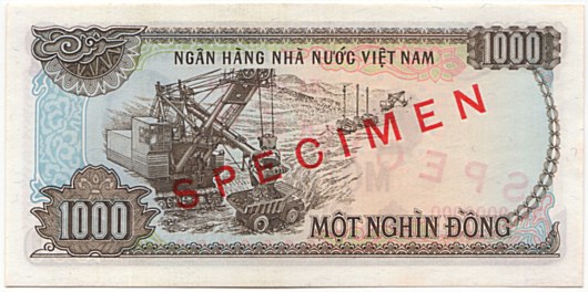 Vietnam banknote 1000 Dong 1987 specimen, back