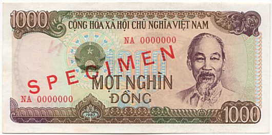 Vietnam banknote 1000 Dong 1987 specimen, face