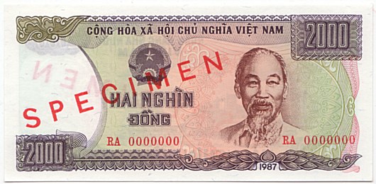 Vietnam banknote 2000 Dong 1987 specimen, face