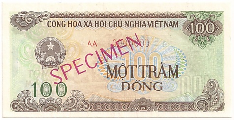 Vietnam banknote 100 Dong 1991 specimen, face