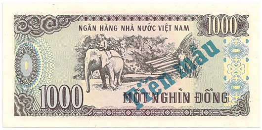 Vietnam banknote 1000 Dong 1988 specimen, back