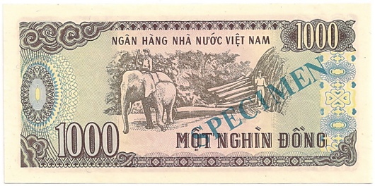 Vietnam banknote 1000 Dong 1988 specimen, back