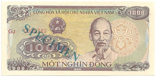 Vietnam banknote 1000 Dong 1988 specimen, face