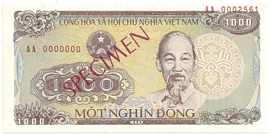 Vietnam banknote 1000 Dong 1988 specimen, face